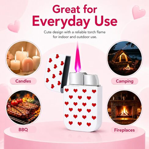 Pink Flame Torch Lighter Cute Heart Pattern Refillable Butane Windproof Pocket Lighter 60 × 35 × 11 mm Mini Portable Lighter for Women Candle BBQ Camping Kitchen Outdoor Use (Butane Not Included) in Kuwait