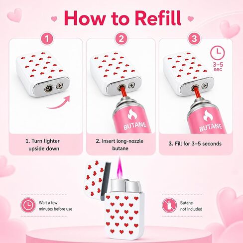 Pink Flame Torch Lighter Cute Heart Pattern Refillable Butane Windproof Pocket Lighter 60 × 35 × 11 mm Mini Portable Lighter for Women Candle BBQ Camping Kitchen Outdoor Use (Butane Not Included) in Kuwait