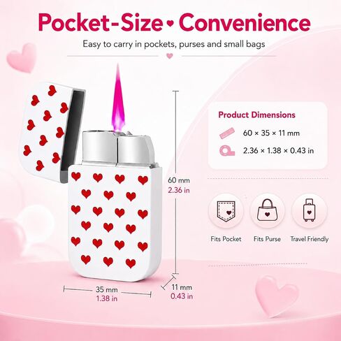 Pink Flame Torch Lighter Cute Heart Pattern Refillable Butane Windproof Pocket Lighter 60 × 35 × 11 mm Mini Portable Lighter for Women Candle BBQ Camping Kitchen Outdoor Use (Butane Not Included) in Kuwait