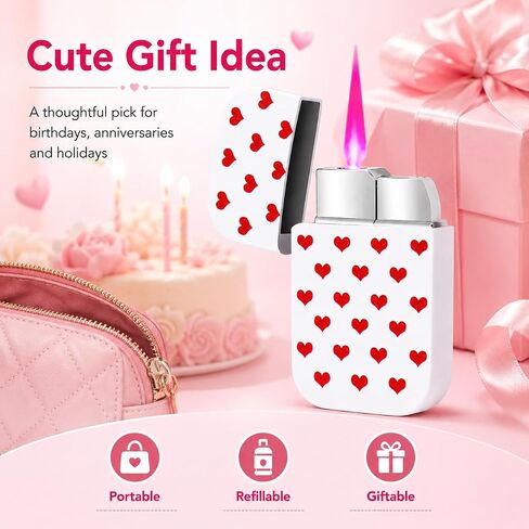 Pink Flame Torch Lighter Cute Heart Pattern Refillable Butane Windproof Pocket Lighter 60 × 35 × 11 mm Mini Portable Lighter for Women Candle BBQ Camping Kitchen Outdoor Use (Butane Not Included) in Kuwait