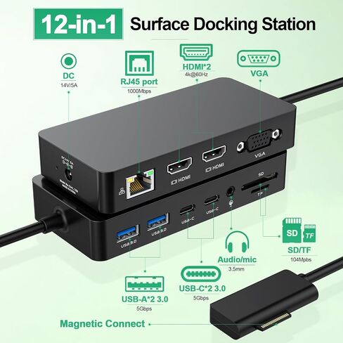 Docking Station 12 in 1 Triple Displays for Surface Dock,4K Dual HDMI+VGA with Power Adapter for Surface Pro 12/11/10/9/8/X/7/6/5/4/3,Surface Laptop 7/6/5/4/3/2/1,Surface Book Go in Kuwait
