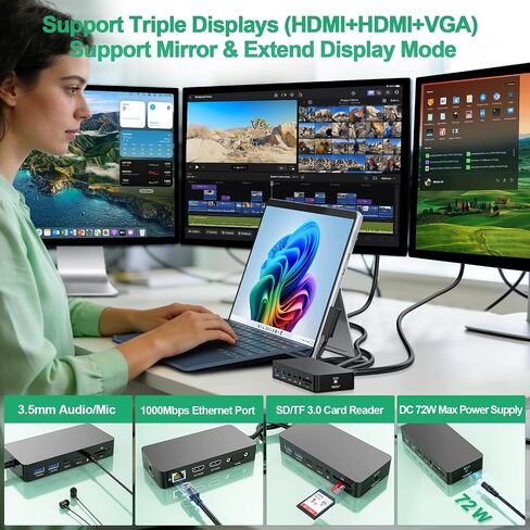 Docking Station 12 in 1 Triple Displays for Surface Dock,4K Dual HDMI+VGA with Power Adapter for Surface Pro 12/11/10/9/8/X/7/6/5/4/3,Surface Laptop 7/6/5/4/3/2/1,Surface Book Go in Kuwait