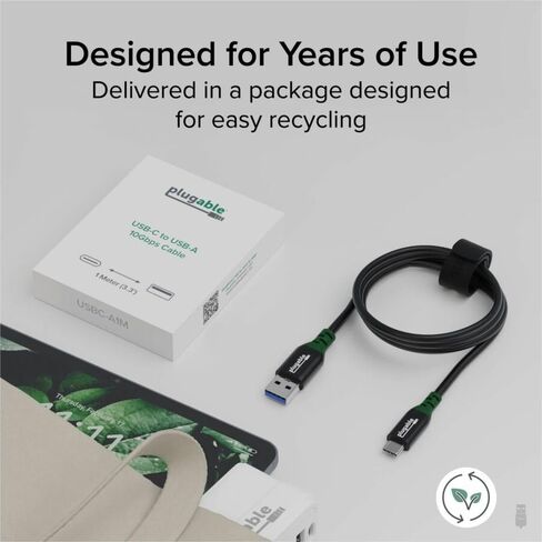 Plugable USB C to USB A Cable with Desk Management Strap, 3.3 Ft, Supports 10Gbps Data Transfer, 3A (15W) Charging, USB 3.2 Gen 2, Compatible with iPhone 16, iPad, Samsung Galaxy, Tablets, Laptops in Kuwait