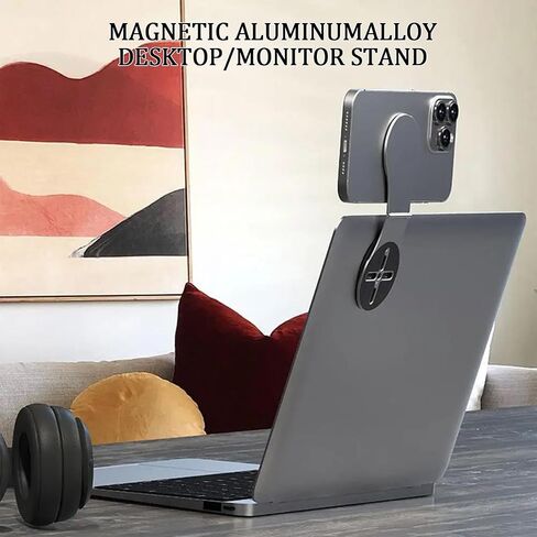 Universal Magnetic Phone Mount Holder for Computer Monitor Laptop Car Dashboard - Aluminum Foldable Adjustable Stand with Magsafe & 270° Rotation, Compatible with iPhone / Tesla Dual Screen Setup in Kuwait
