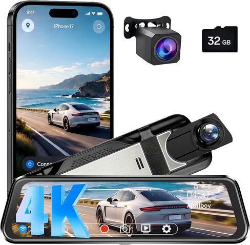3 Channel Mirror Dash Cam, 9.66" Mirror 4K Front 1080P Inside and Rear WiFi in Kuwait