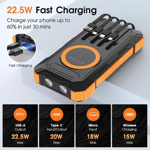 Solar Power Bank,49800mAh Wireless Portable Phone Charger with Built-in 4 Cables,22.5W Fast Charging External Battery Pack PD 3.0 USB-C In/Output for iPhone,iPad,Android,Perfect for Camping, Hiking in Kuwait
