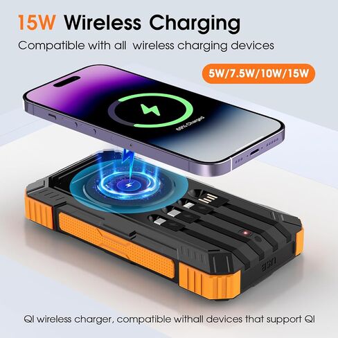 Solar Power Bank,49800mAh Wireless Portable Phone Charger with Built-in 4 Cables,22.5W Fast Charging External Battery Pack PD 3.0 USB-C In/Output for iPhone,iPad,Android,Perfect for Camping, Hiking in Kuwait