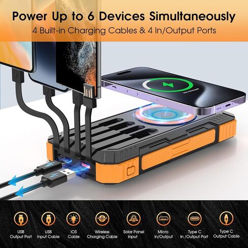 Solar Power Bank,49800mAh Wireless Portable Phone Charger with Built-in 4 Cables,22.5W Fast Charging External Battery Pack PD 3.0 USB-C In/Output for iPhone,iPad,Android,Perfect for Camping, Hiking in Kuwait