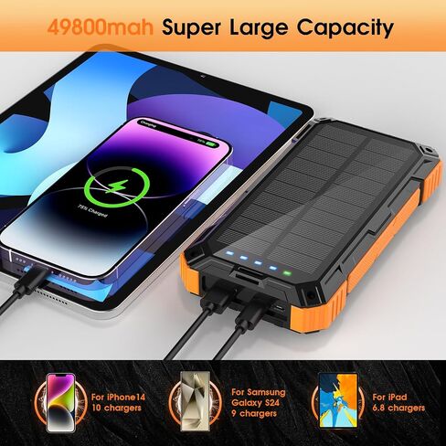 Solar Power Bank,49800mAh Wireless Portable Phone Charger with Built-in 4 Cables,22.5W Fast Charging External Battery Pack PD 3.0 USB-C In/Output for iPhone,iPad,Android,Perfect for Camping, Hiking in Kuwait