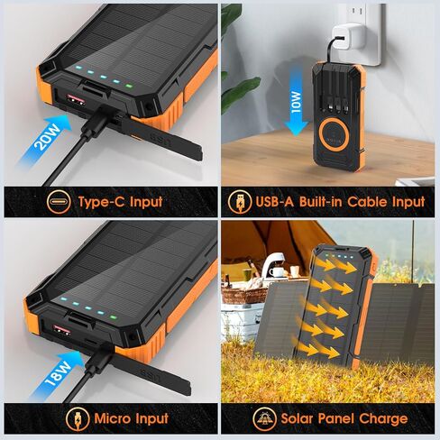 Solar Power Bank,49800mAh Wireless Portable Phone Charger with Built-in 4 Cables,22.5W Fast Charging External Battery Pack PD 3.0 USB-C In/Output for iPhone,iPad,Android,Perfect for Camping, Hiking in Kuwait