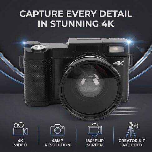 Zunate 48MP 4K Digital Camera Kit with Flip Screen, Tripod and Remote in Kuwait