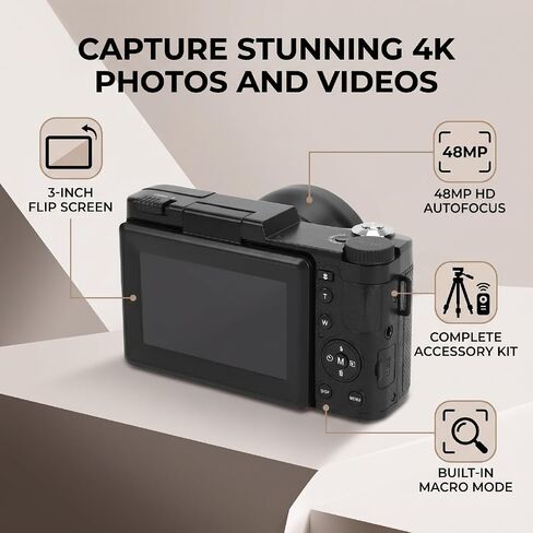 Zunate 48MP 4K Digital Camera Kit with Flip Screen, Tripod and Remote in Kuwait