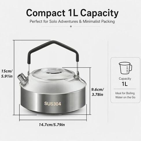 1-Piece Camping Kettle for Gas Stove, Compact Stainless Steel Camping Pot, Portable Outdoor Kettle​ for Boiling Water, Tea, Coffee, Hiking, Fishing (1L, Black Handle) in Kuwait