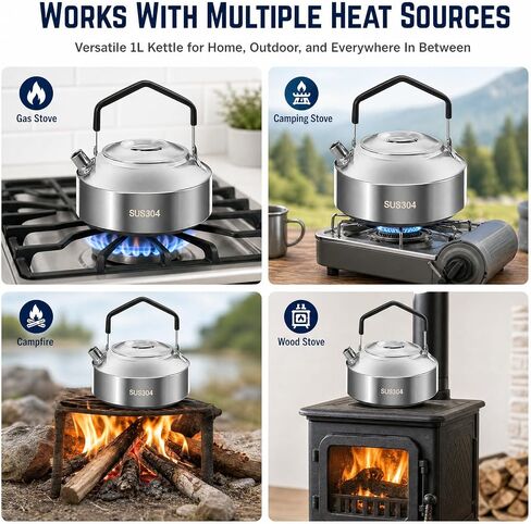 1-Piece Camping Kettle for Gas Stove, Compact Stainless Steel Camping Pot, Portable Outdoor Kettle​ for Boiling Water, Tea, Coffee, Hiking, Fishing (1L, Black Handle) in Kuwait