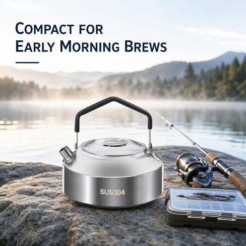 1-Piece Camping Kettle for Gas Stove, Compact Stainless Steel Camping Pot, Portable Outdoor Kettle​ for Boiling Water, Tea, Coffee, Hiking, Fishing (1L, Black Handle) in Kuwait