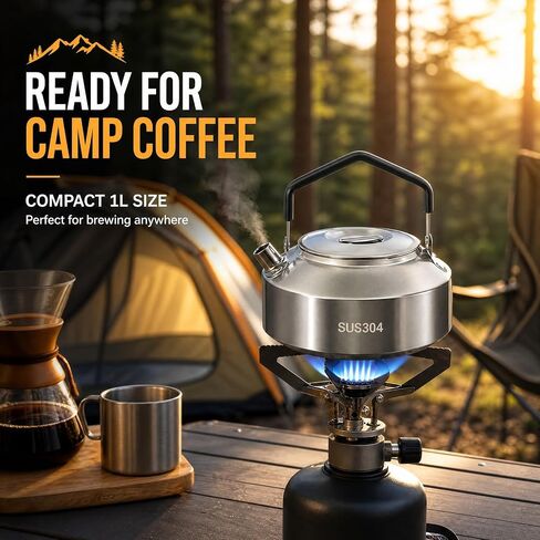 1-Piece Camping Kettle for Gas Stove, Compact Stainless Steel Camping Pot, Portable Outdoor Kettle​ for Boiling Water, Tea, Coffee, Hiking, Fishing (1L, Black Handle) in Kuwait