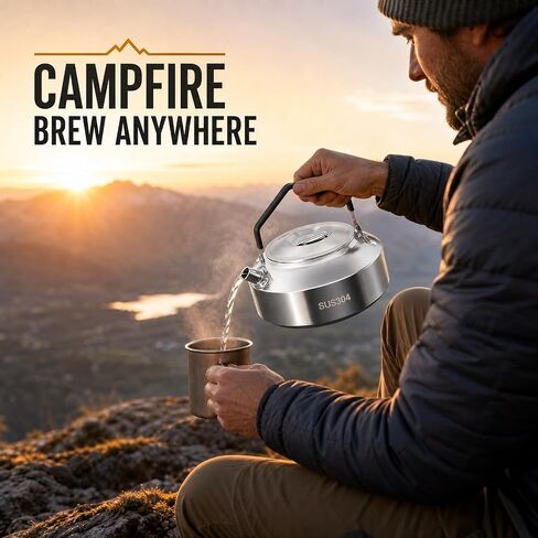1-Piece Camping Kettle for Gas Stove, Compact Stainless Steel Camping Pot, Portable Outdoor Kettle​ for Boiling Water, Tea, Coffee, Hiking, Fishing (1L, Black Handle) in Kuwait