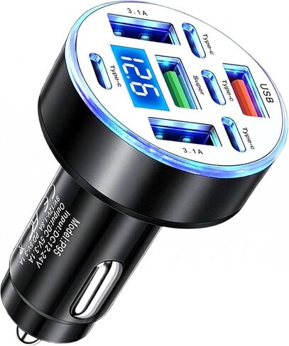 8 Port USB C Car Charger with Real-Time Voltage Display, Multi Port 12V/24V Cigarette Lighter USB C & USB A Charger Adapter, Fast Charging with Blue LED for iPhone, Samsung, iPad, Tablets in Kuwait