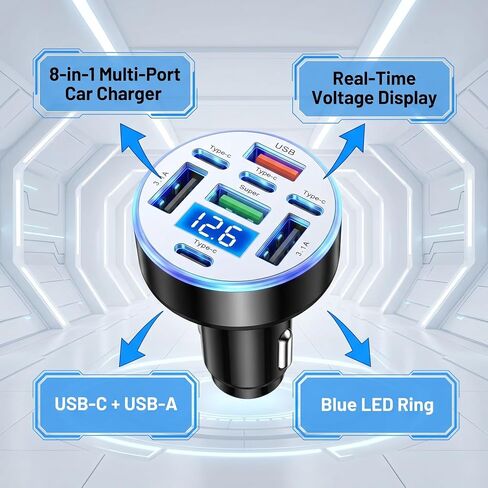 8 Port USB C Car Charger with Real-Time Voltage Display, Multi Port 12V/24V Cigarette Lighter USB C & USB A Charger Adapter, Fast Charging with Blue LED for iPhone, Samsung, iPad, Tablets in Kuwait