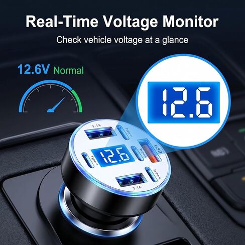 8 Port USB C Car Charger with Real-Time Voltage Display, Multi Port 12V/24V Cigarette Lighter USB C & USB A Charger Adapter, Fast Charging with Blue LED for iPhone, Samsung, iPad, Tablets in Kuwait