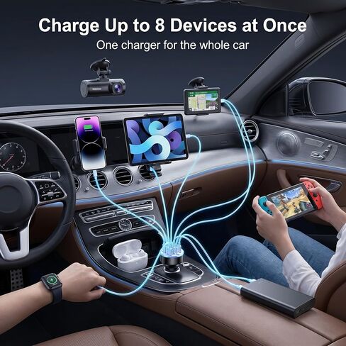 8 Port USB C Car Charger with Real-Time Voltage Display, Multi Port 12V/24V Cigarette Lighter USB C & USB A Charger Adapter, Fast Charging with Blue LED for iPhone, Samsung, iPad, Tablets in Kuwait