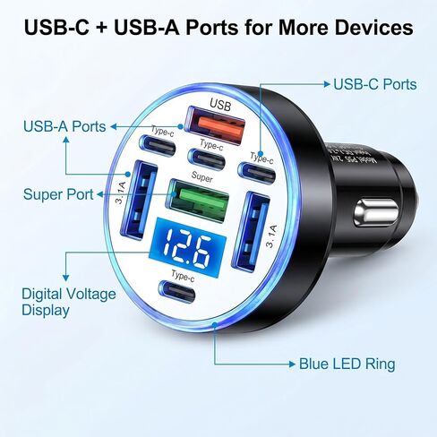 8 Port USB C Car Charger with Real-Time Voltage Display, Multi Port 12V/24V Cigarette Lighter USB C & USB A Charger Adapter, Fast Charging with Blue LED for iPhone, Samsung, iPad, Tablets in Kuwait