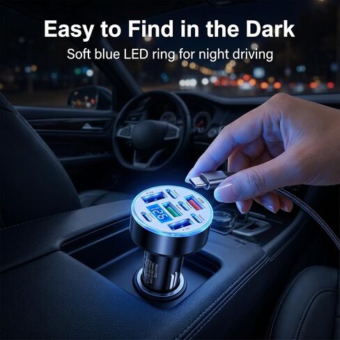 8 Port USB C Car Charger with Real-Time Voltage Display, Multi Port 12V/24V Cigarette Lighter USB C & USB A Charger Adapter, Fast Charging with Blue LED for iPhone, Samsung, iPad, Tablets in Kuwait