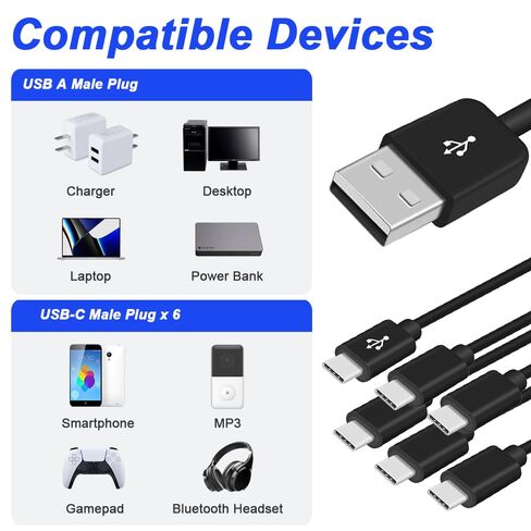 USB C 6 in 1 Charging Cable, USB 2.0 A Male to 6 Multi Type-C Male Charger Y-Splitter Cable for Cell Phone, MP3, with USB to Type-C Adapter (1.5FT) in Kuwait