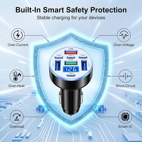 8 Port USB C Car Charger with Real-Time Voltage Display, Multi Port 12V/24V Cigarette Lighter USB C & USB A Charger Adapter, Fast Charging with Blue LED for iPhone, Samsung, iPad, Tablets in Kuwait