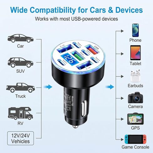 8 Port USB C Car Charger with Real-Time Voltage Display, Multi Port 12V/24V Cigarette Lighter USB C & USB A Charger Adapter, Fast Charging with Blue LED for iPhone, Samsung, iPad, Tablets in Kuwait