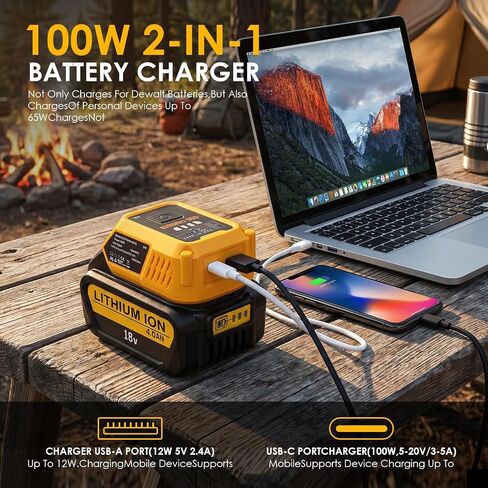Choerinton Battery Charger Compatible with Dewalt 20V MAX Battery, 100W Fast Charging Battery Adapter Converter with USB Charger Type-C Port forElectronic Device, Work RV Camping Travel (Tool Only) in Kuwait