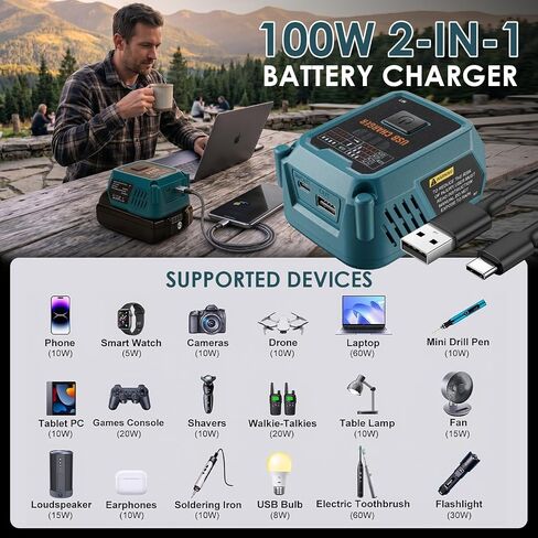 Choerinton Battery Charger Compatible with Makita 20V MAX Battery, 100W Fast Charging Battery Adapter Converter with USB Charger Type-C Port forElectronic Device, Work RV Camping Travel (Tool Only) in Kuwait