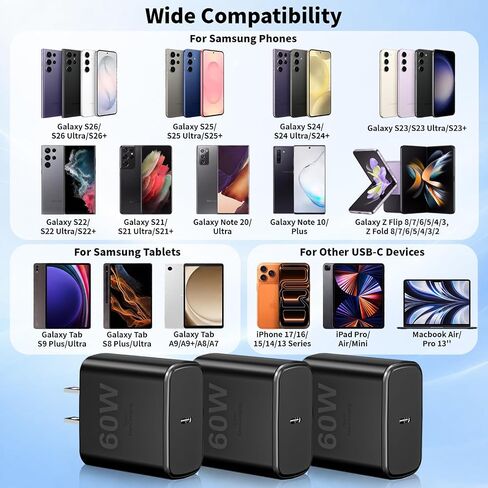 60W Super Fast Charger Type C for Samsung,3Pack GaN USBC Charger for Galaxy in Kuwait