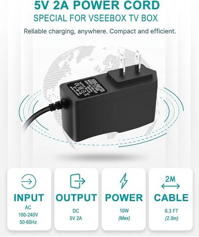 5V 2A Power Supply Replacement for Vseebox Power Cord - Compatible with vSeeBox V6 Plus, V5 Pro, V3 Pro Plus, V2, V1, Elite TV Box Charger Adapter Cable in Kuwait