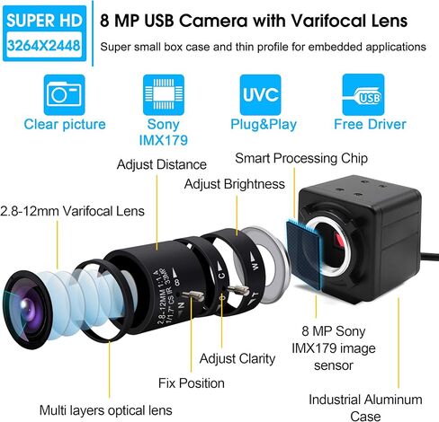 8 MP USB Camera with 2.8-12mm Varifocal Lens, 3264x2448 Webcam, IMX179 Mini Industrial Camera Outdoor Indoor, Plug and Play, Support UVC OTG 2.0, for Computer,Laptop, Raspberry Pi,Jetson Nano in Kuwait