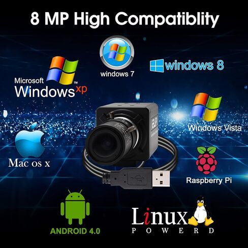 8 MP USB Camera with 2.8-12mm Varifocal Lens, 3264x2448 Webcam, IMX179 Mini Industrial Camera Outdoor Indoor, Plug and Play, Support UVC OTG 2.0, for Computer,Laptop, Raspberry Pi,Jetson Nano in Kuwait
