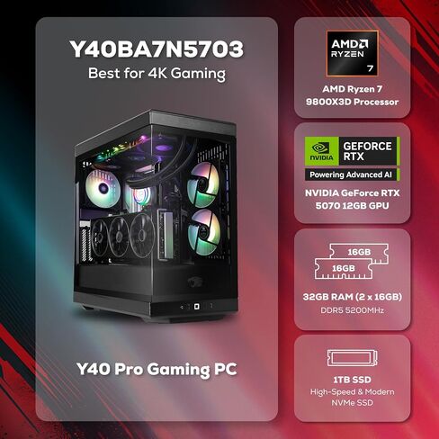 iBUYPOWER Y40 Gaming PC Desktop Computer AMD Ryzen 7 9800X3D CPU, NVIDIA GeForce RTX 5070 12GB GPU, 32GB DDR5 5200MHz RAM, 1TB NVMe SSD, Windows 11 Home, Gamer Keyboard and Mouse - Y40BA7N5703 in Kuwait