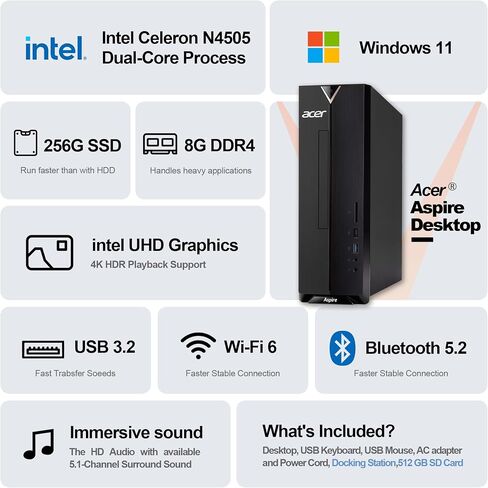 Acer Aspire Desktop Computer – Intel Celeron N4505, Office 365 for The Web,8GB 768GB Storage (256GB SSD+512GB SD),Fast & Reliable Home Office PC Bundle with Docking Station, Wi-Fi, Windows 11, Black in Kuwait