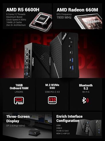 FIREBAT Mini Gaming PC, AMD Ryzen 6600H, Radeon 660M,16GB 6400MHz LPDDR5 512GBPCIe SSD, Wi-Fi 6, BT 5.2, 2X LAN, DP 2.0 (4K@160Hz),USB-C, Desktop Computer for Home, Business, and Students 【AM02】 in Kuwait