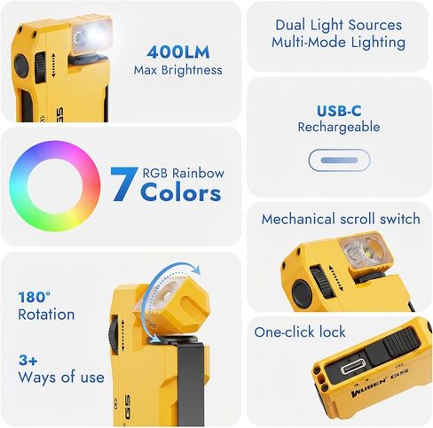 WUBEN G5 Rechargeable EDC Flashlight 400 Lumens Dual Light Sources Green Bundle G5 Rechargeable EDC Flashlight Yellow in Kuwait