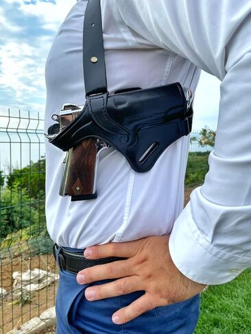 Ottoza Leather Gun Holster 1911 Shoulder Holster Right Hand - Dual Usage Shoulder + Belt/Leather Shoulder Holster 1911 fits Most Models 1911 COLT-Kimber-Ruger and More No:419 in Kuwait