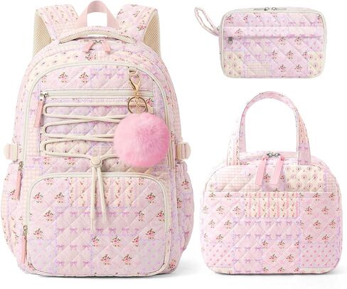 WOBAGMEN 3 Pcs Quilted Girls Backpack Set with Lunch Bag and Pencil Case in Kuwait