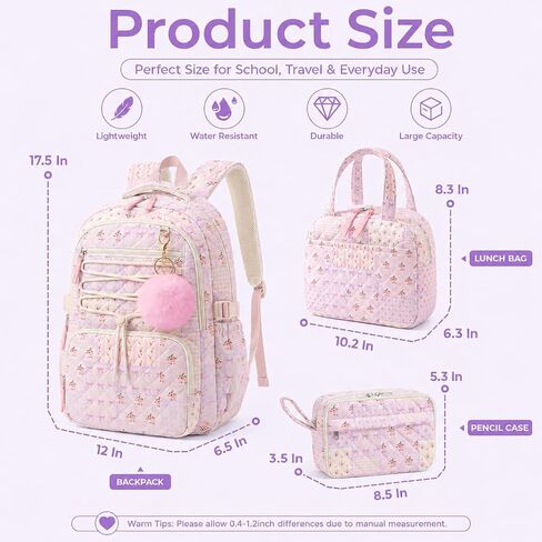 WOBAGMEN 3 Pcs Quilted Girls Backpack Set with Lunch Bag and Pencil Case in Kuwait