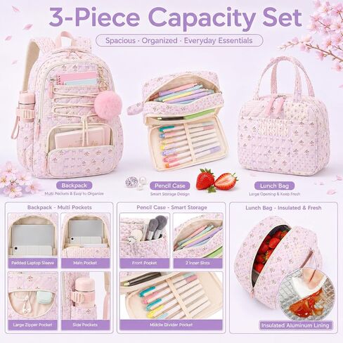 WOBAGMEN 3 Pcs Quilted Girls Backpack Set with Lunch Bag and Pencil Case in Kuwait