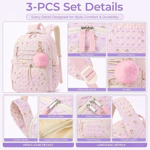 WOBAGMEN 3 Pcs Quilted Girls Backpack Set with Lunch Bag and Pencil Case in Kuwait