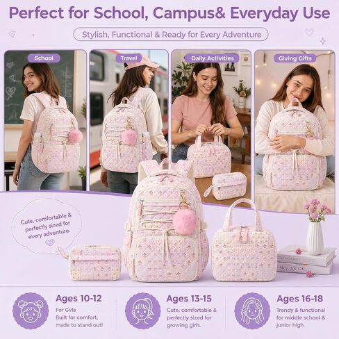WOBAGMEN 3 Pcs Quilted Girls Backpack Set with Lunch Bag and Pencil Case in Kuwait