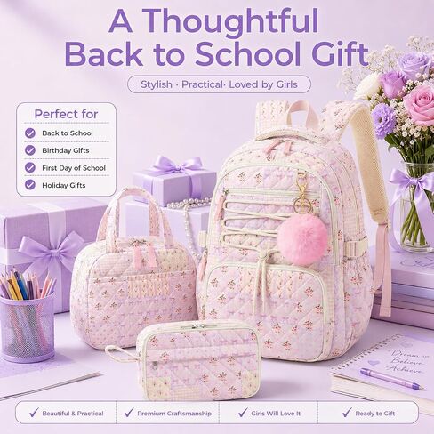 WOBAGMEN 3 Pcs Quilted Girls Backpack Set with Lunch Bag and Pencil Case in Kuwait