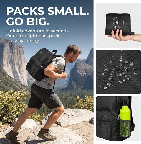 Hiking Backpack, Packable Waterproof Backpack, Lightweight Travel Backpacks, Foldable Casual Daypack for Camping Beach Sports Bike Outdoor(Black) in Kuwait