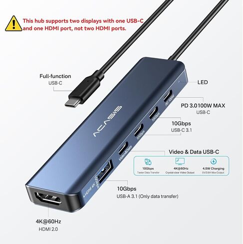 ACASIS (Used) USB C Splitter with 4K@60Hz Video Output, USB C Hub 10Gbps with 1xHDMI, 1xUSB C Video Output for Portable Monitor, 3xUSB C 10Gbps,100W PD, Multiport Adapter Splitter for Dell/HP/Mac Pro in Kuwait