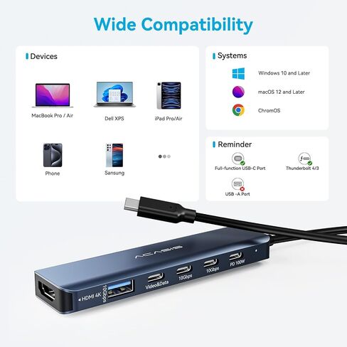 ACASIS (Used) USB C Splitter with 4K@60Hz Video Output, USB C Hub 10Gbps with 1xHDMI, 1xUSB C Video Output for Portable Monitor, 3xUSB C 10Gbps,100W PD, Multiport Adapter Splitter for Dell/HP/Mac Pro in Kuwait